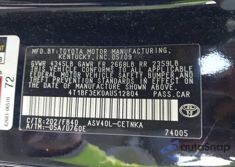 2010 Toyota Camry Le from USA, damaged, VIN 4T1BF3EK0AU512804